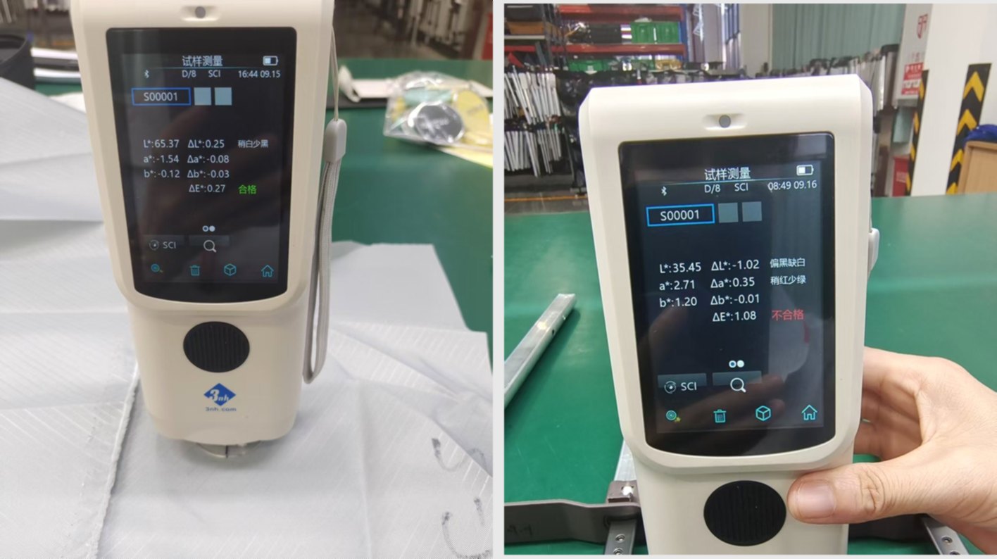 Two handheld colour-difference meter screens side by side: the left reads ΔE 0.27 and is marked as passing, the right reads ΔE 1.08 and is marked as failing